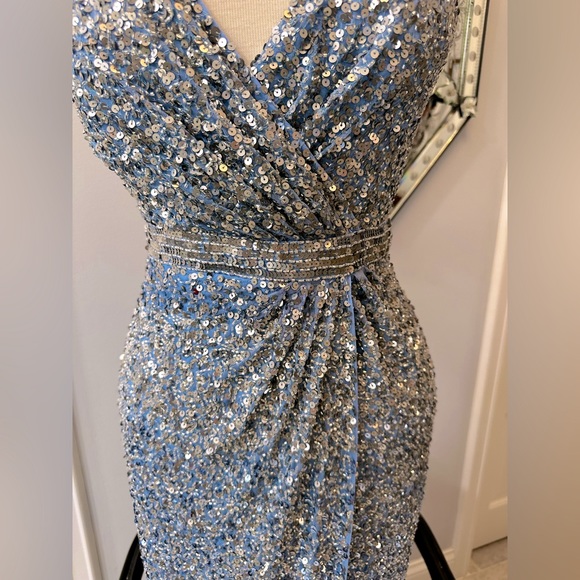 NWT Mac Duggal Gorgeous Blue Goddess Sexy Seqin To The Floor High Slit Gown - Picture 9 of 16